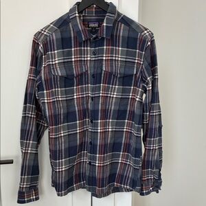 Patagonia Men's Navy and Red Plaid Shirt